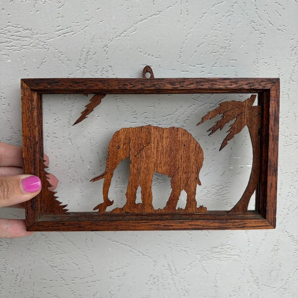 Vintage Hand Carved Wood Elephant Silhouette Shadow Box Wall Hanging Safari Art